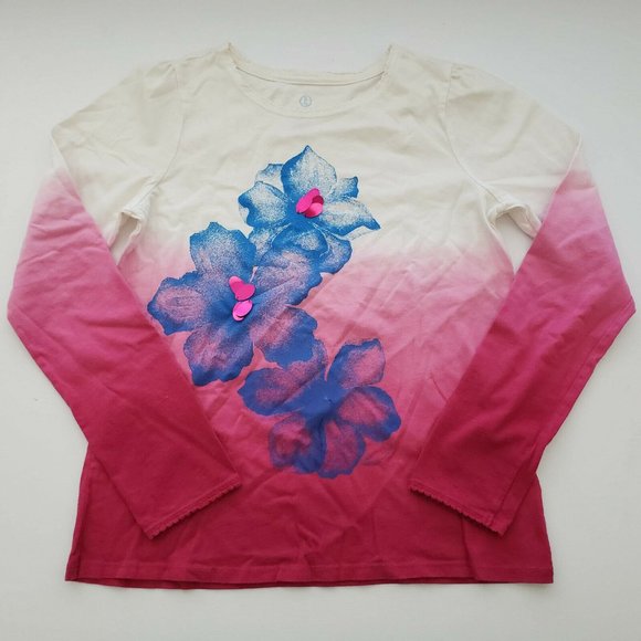 Lands End Kids White Pink Floral Long Sleeve Tee M - Picture 1 of 4